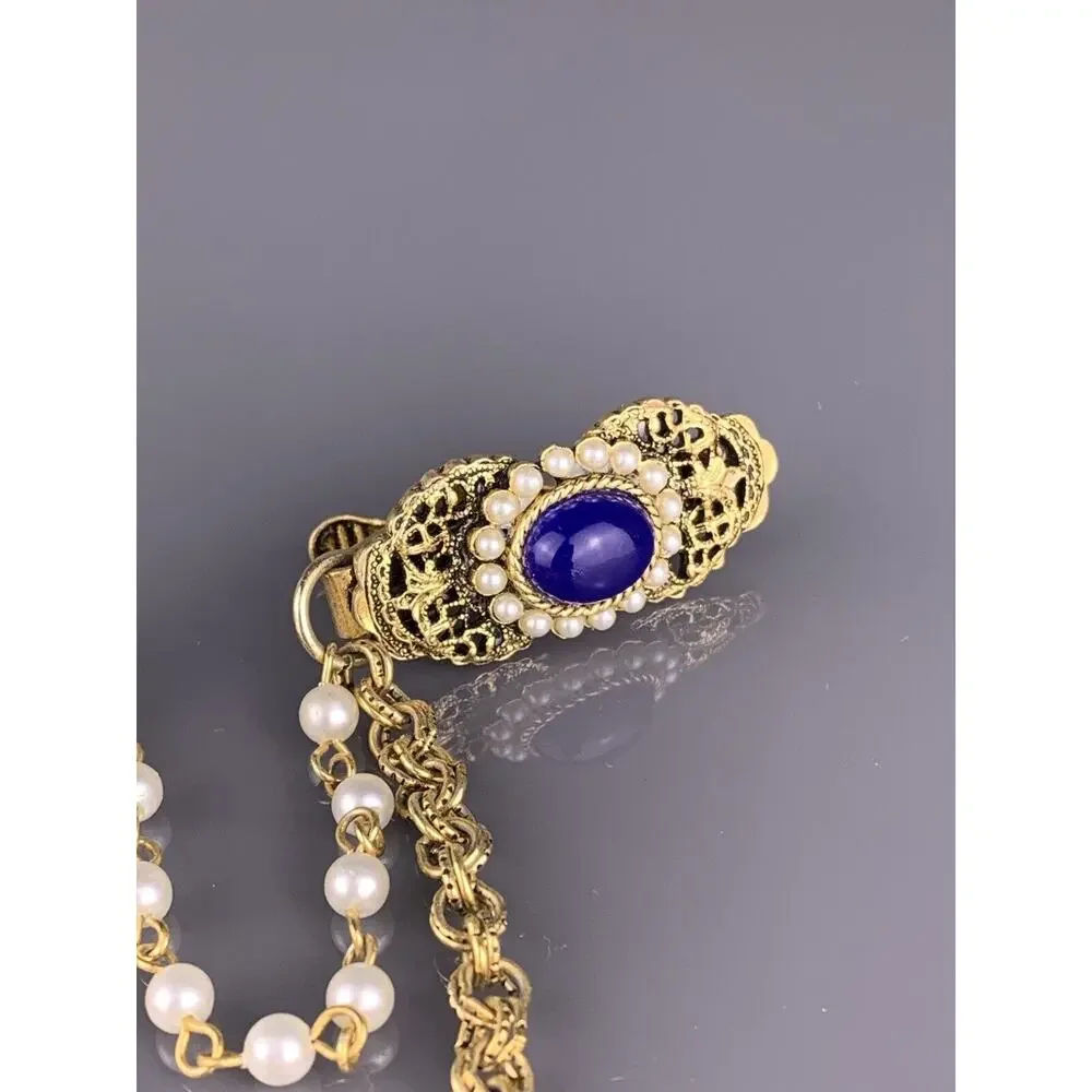 Fillagree Blue Cabochon Collar Chain Shirt Sweater Blouse Tassel 4.5